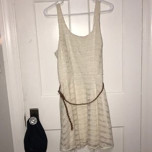 White Flower Lace Short Dress with brown belt